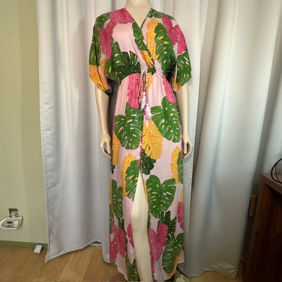 Cooper & Ella Women’s Tropical Print Dress Pink, Orange & Green Leaves Size XS - Picture 1 of 7